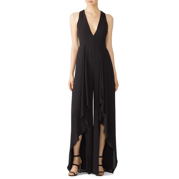 HALSTON Black Sleeveless Deep V-Neck High-Low Ruffle Front Jumpsuit Size 6 - Picture 1 of 14